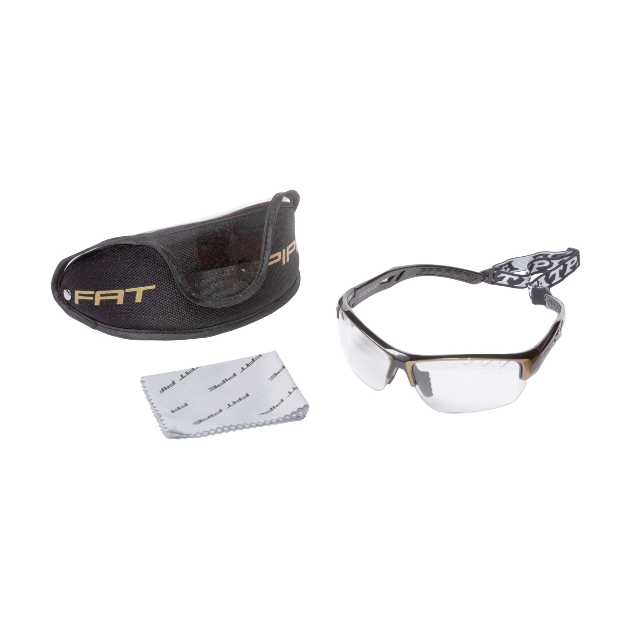 Fat Pipe Innebandyglasögon Set JR Black/Gold, tillbehören som tillkommer glasögonen, skyddsfodral och tvättduk